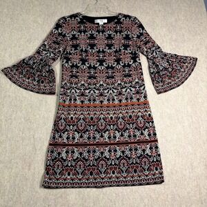 Wisp Dress Wmns 2P Black Orange Poly Blend Boho Bell Sleeve Floral Shift Classic